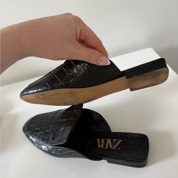ZARA Black Croc Embossed Leather Mule Loafers Square Toe Slides Size 37 - Picture 3 of 6